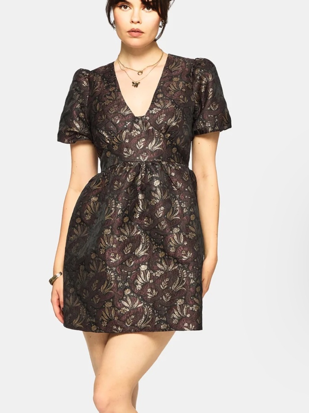 Disturbia NWT Rena Snake Jacquard Puff Sleeve Mini Dress Brown Gold Metallic Sz8
